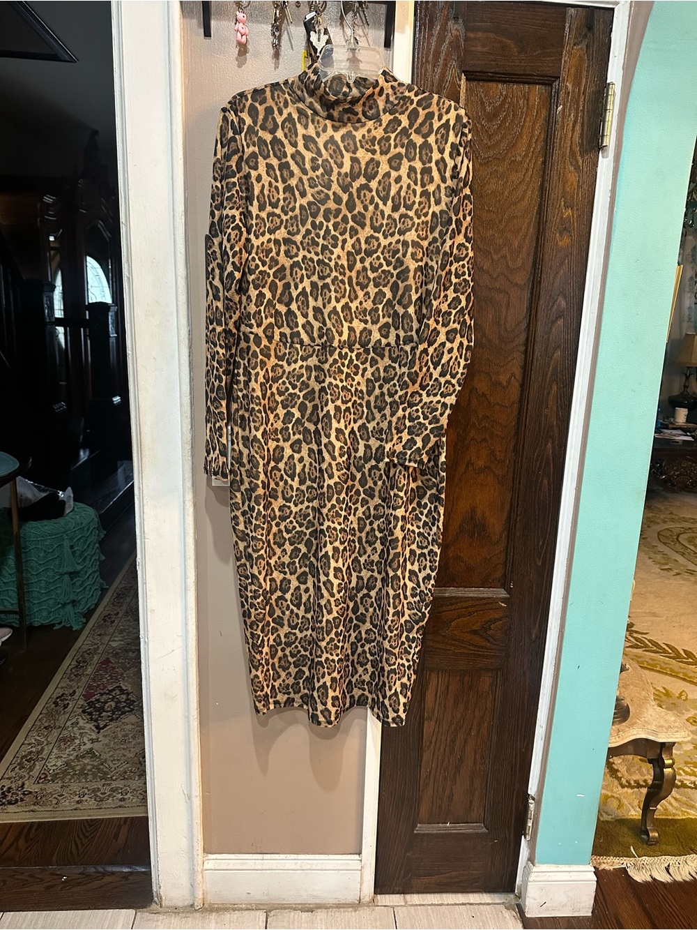 Nina Parker Leopard Print Mock Neck Long Sleeve Dress